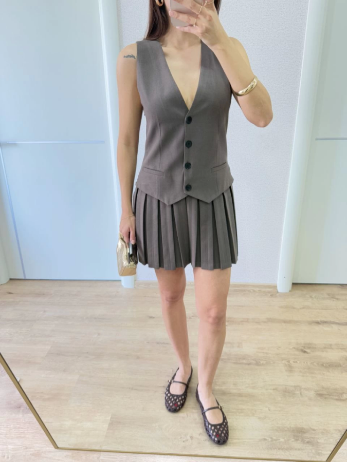 Takım Görünümlu Yelekli Mini Elbise- Füme - 1