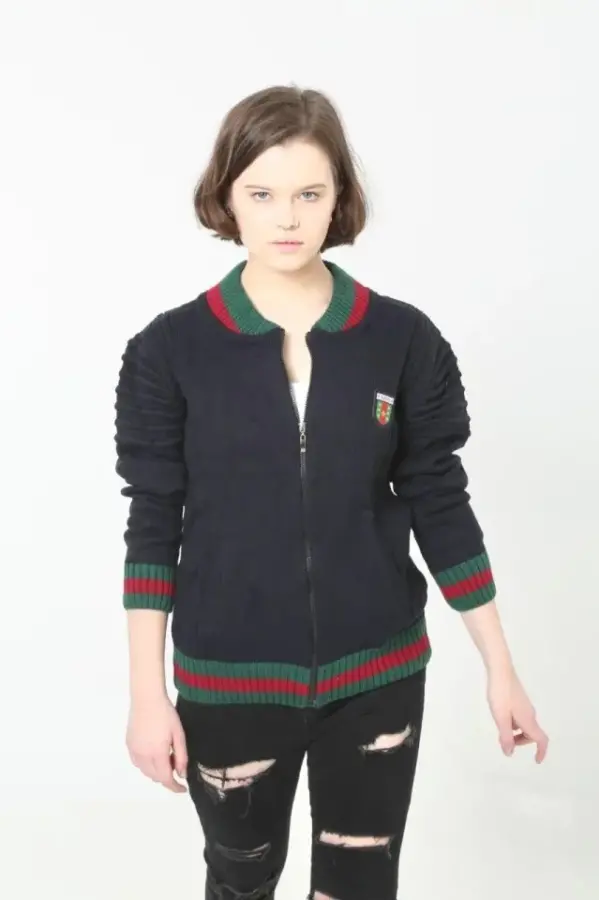 Tam Fermuarlı Triko Hırka - Lacivert - 1