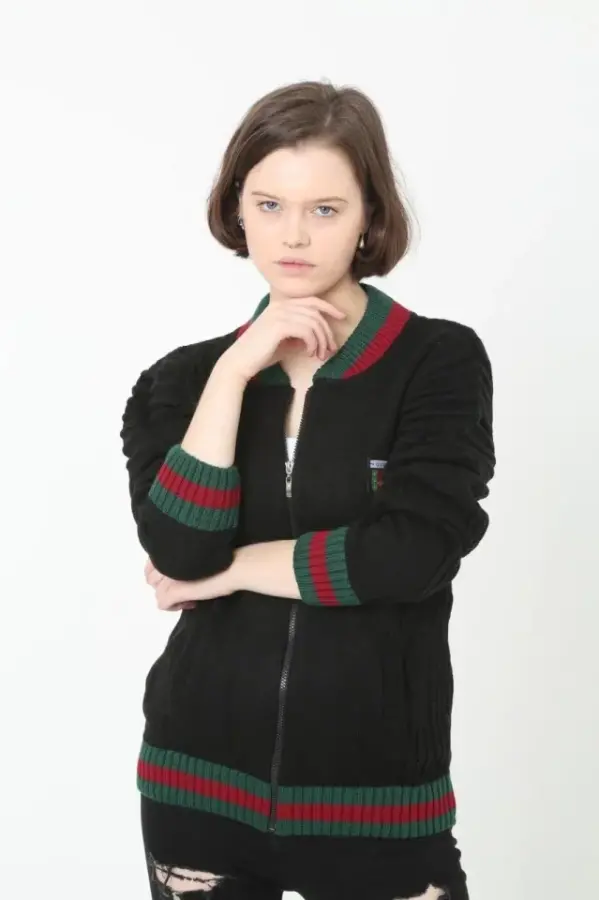 Tam Fermuarlı Triko Hırka - Siyah - 1