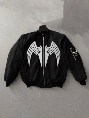 Tam Fermuarlı Uzun Kol Baskılı Bomber Ceket - Siyah - ANGELINO BuyukBedeniz (1)