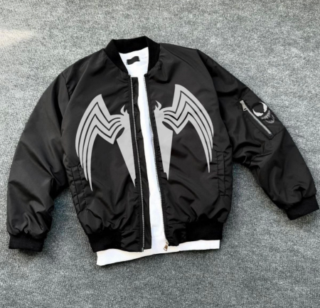 Tam Fermuarlı Uzun Kol Baskılı Bomber Ceket - Siyah - 4