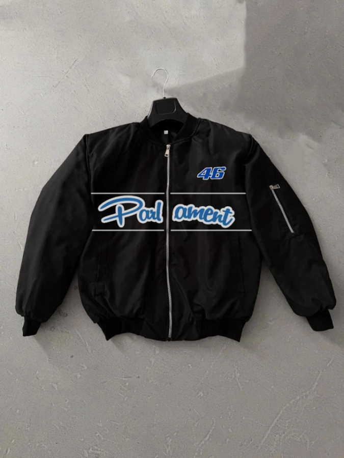 Tam Kalıp Uzun Kol Baskılı Bomber Ceket - Siyah - 1