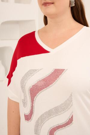 Taş Baskılı Büyük Beden Garnili Tişört Ekrukırmızı - 3