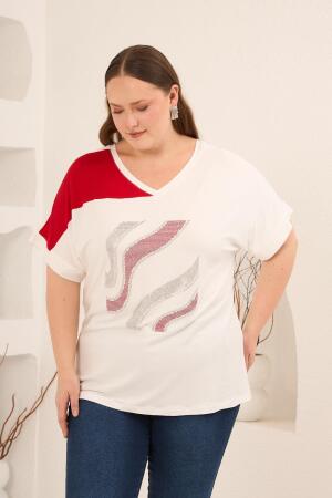 Taş Baskılı Büyük Beden Garnili Tişört Ekrukırmızı - 4