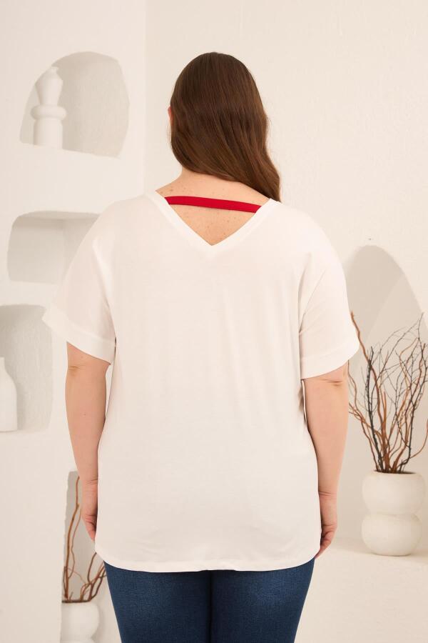 Taş Baskılı Büyük Beden Garnili Tişört Ekrukırmızı - 5