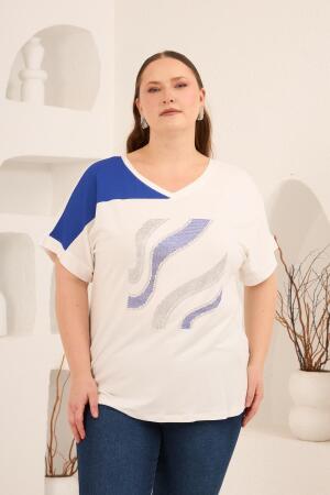 Taş Baskılı Büyük Beden Garnili Tişört Ekrusaks - RMG