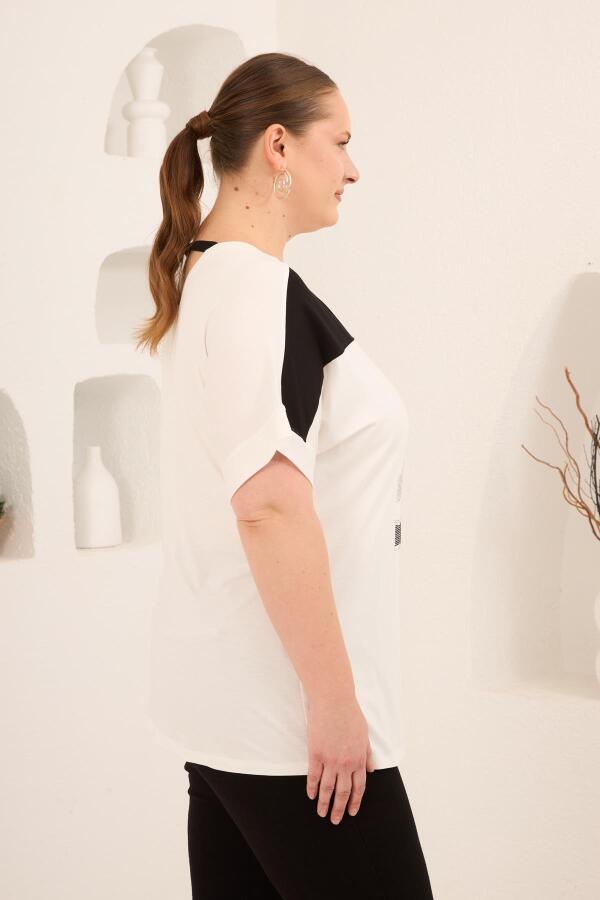 Taş Baskılı Büyük Beden Garnili Tişört Ekrusiyah - 2