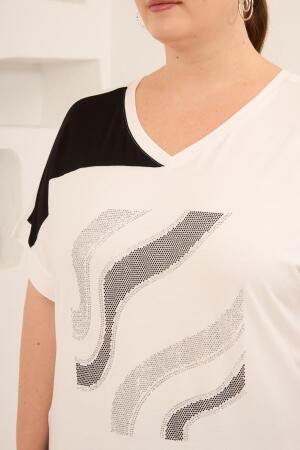 Taş Baskılı Büyük Beden Garnili Tişört Ekrusiyah - 3