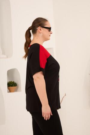 Taş Baskılı Büyük Beden Garnili Tişört Siyahkırmızı - RMG (1)