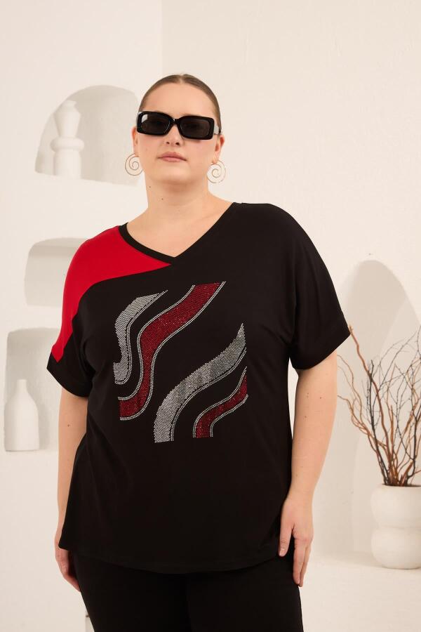 Taş Baskılı Büyük Beden Garnili Tişört Siyahkırmızı - 1