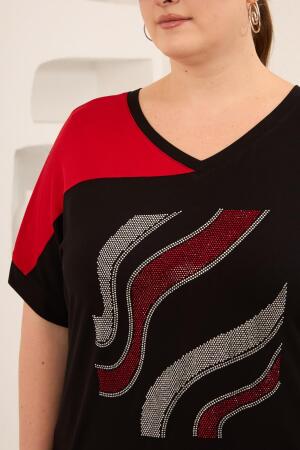Taş Baskılı Büyük Beden Garnili Tişört Siyahkırmızı - 3