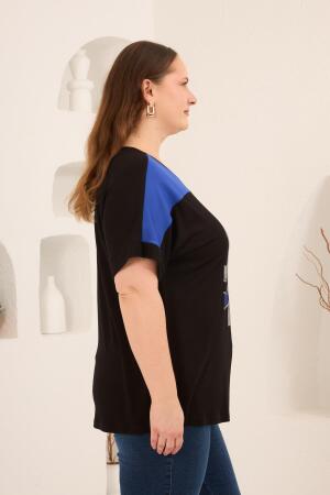 Taş Baskılı Büyük Beden Garnili Tişört Siyahsaks - RMG (1)