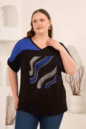 Taş Baskılı Büyük Beden Garnili Tişört Siyahsaks - RMG