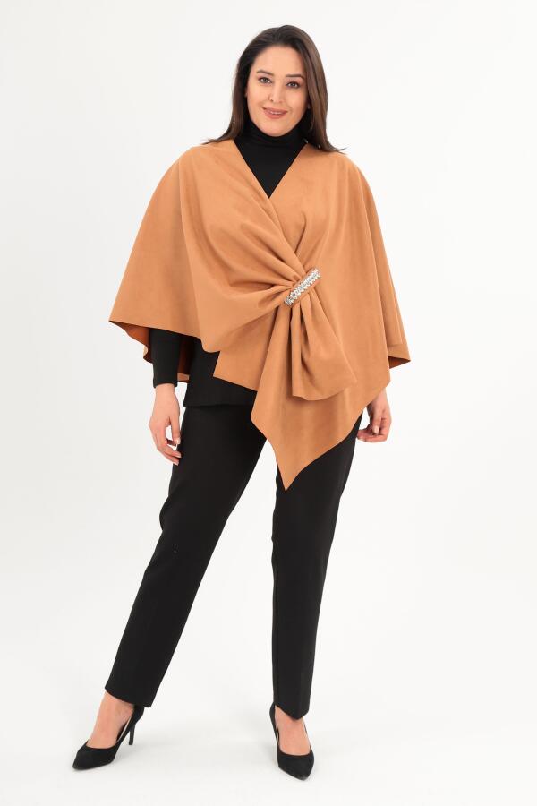 Trend42plus Taş Baskılı Süet Camel Şal Panço - 1