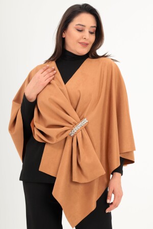 Trend42plus Taş Baskılı Süet Camel Şal Panço - 2