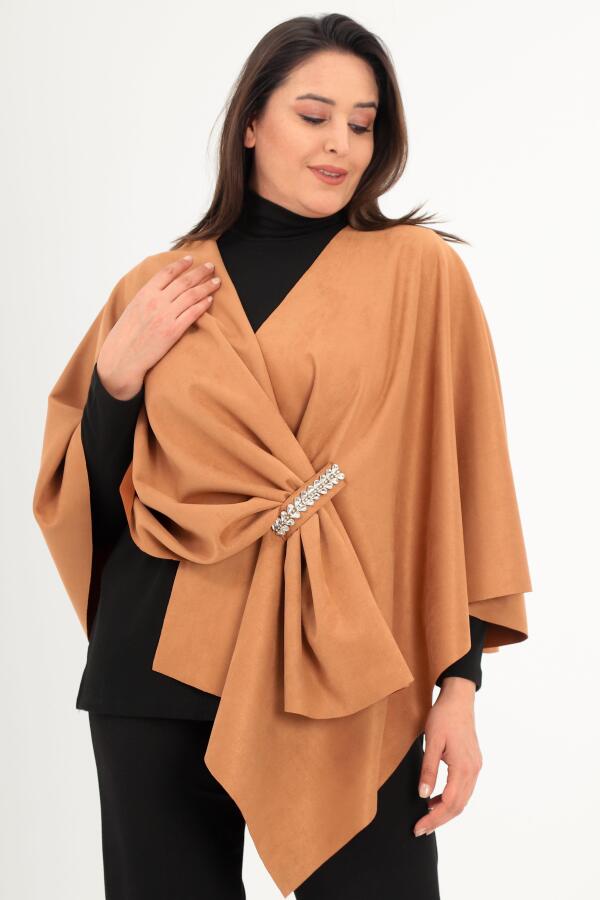 Trend42plus Taş Baskılı Süet Camel Şal Panço - 2