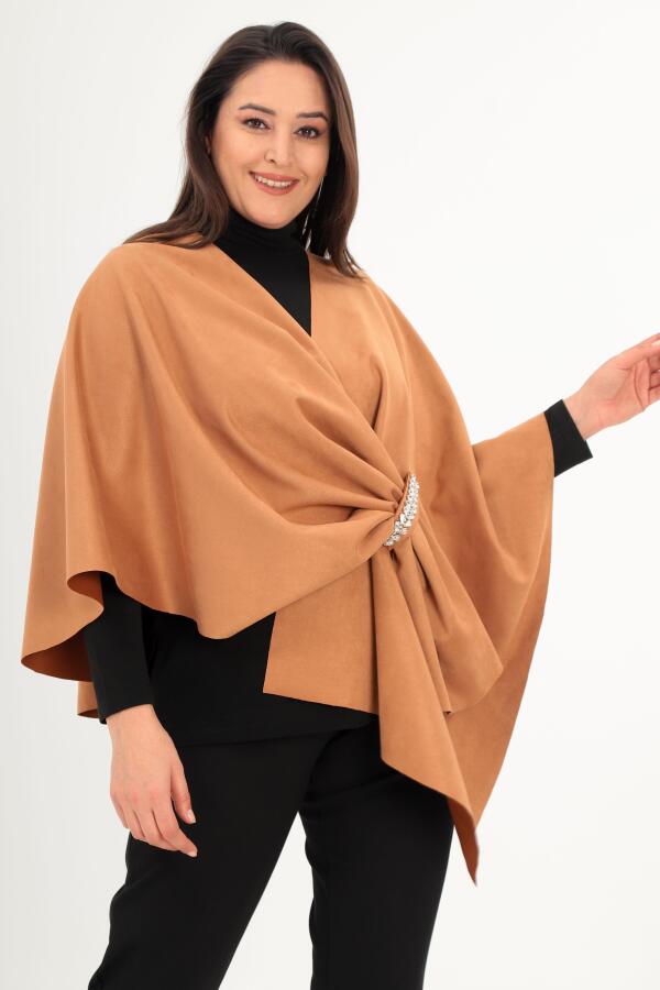 Trend42plus Taş Baskılı Süet Camel Şal Panço - 4