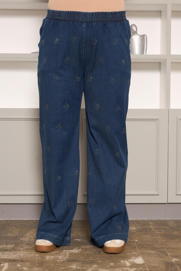 Taş Detaylı Büyük Beden Geniş Paça Pantolon Lacivert - 1