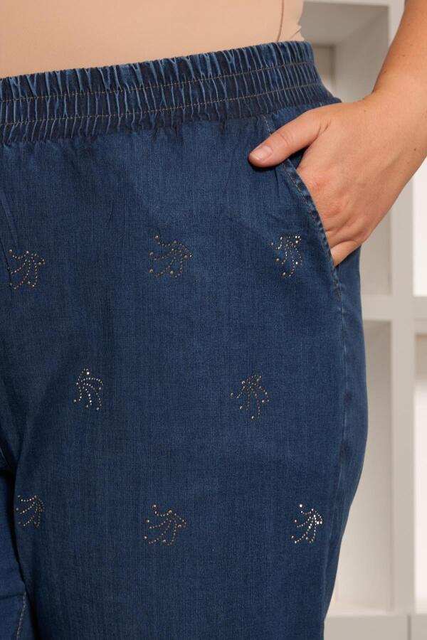 Taş Detaylı Büyük Beden Geniş Paça Pantolon Lacivert - 2