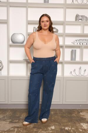 Taş Detaylı Büyük Beden Geniş Paça Pantolon Lacivert - 6