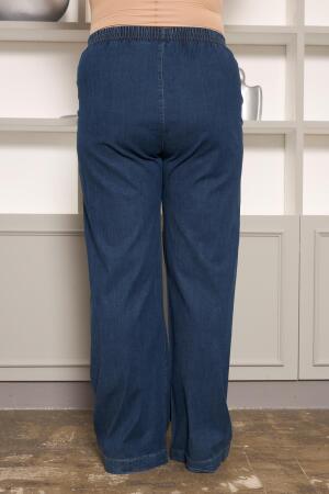 Taş Detaylı Büyük Beden Geniş Paça Pantolon Lacivert - 4