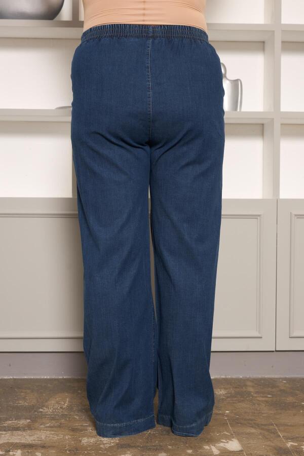 Taş Detaylı Büyük Beden Geniş Paça Pantolon Lacivert - 4