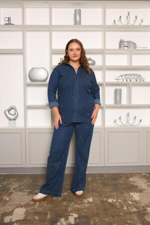 Taş Detaylı Büyük Beden Geniş Paça Pantolon Lacivert - 5