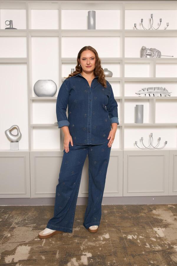 Taş Detaylı Büyük Beden Geniş Paça Pantolon Lacivert - 5