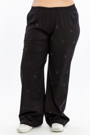 Taş Detaylı Büyük Beden Geniş Paça Pantolon Siyah - RMG (1)
