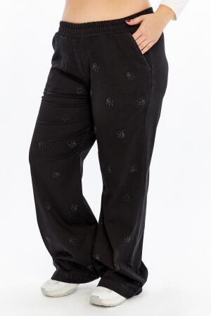 Taş Detaylı Büyük Beden Geniş Paça Pantolon Siyah - 5