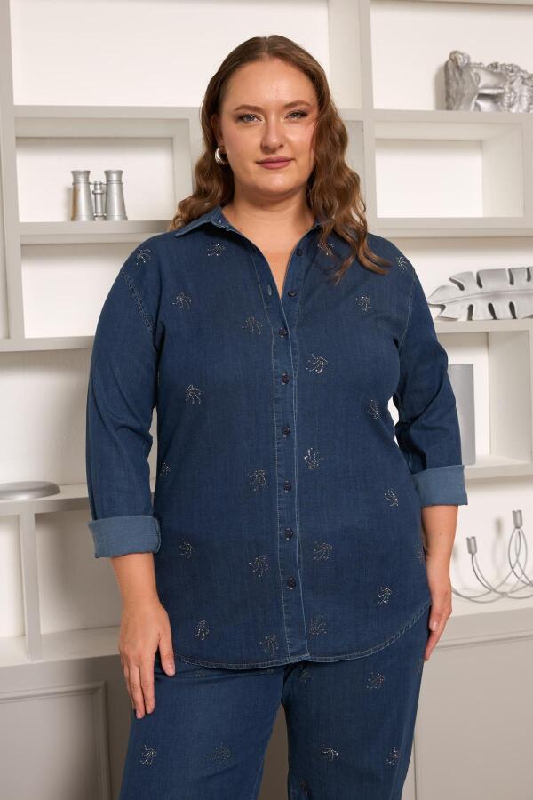 Taş Detaylı Büyük Beden Gömlek Lacivert - 1
