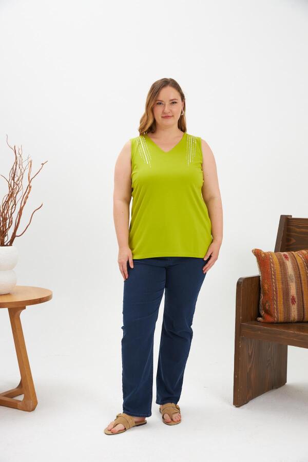 Taş Detaylı Büyük Beden Kolsuz Bluz Oliv - 5