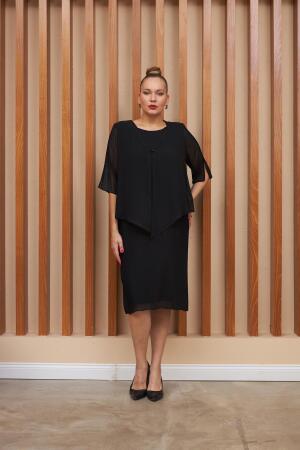 Taş Detaylı Piliseli Büyük Beden Siyah Abiye Elbise - RMG