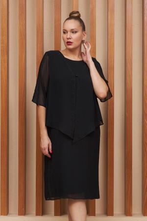 Taş Detaylı Piliseli Büyük Beden Siyah Abiye Elbise - RMG (1)