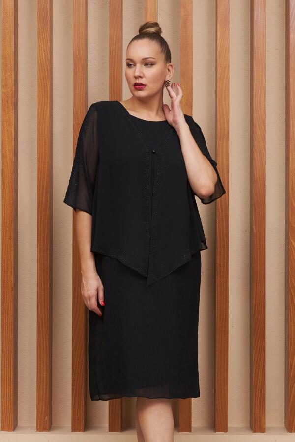 Taş Detaylı Piliseli Büyük Beden Siyah Abiye Elbise - 2