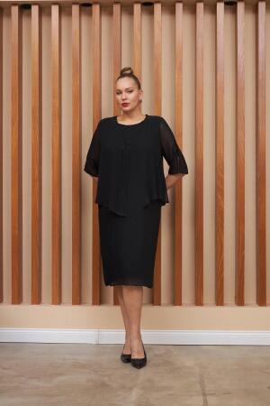 Taş Detaylı Piliseli Büyük Beden Siyah Abiye Elbise - 3