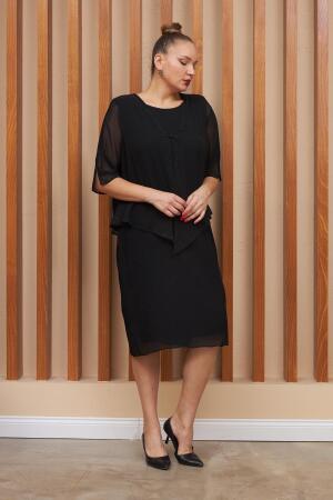 Taş Detaylı Piliseli Büyük Beden Siyah Abiye Elbise - 4