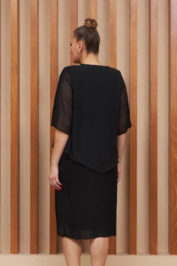 Taş Detaylı Piliseli Büyük Beden Siyah Abiye Elbise - 5