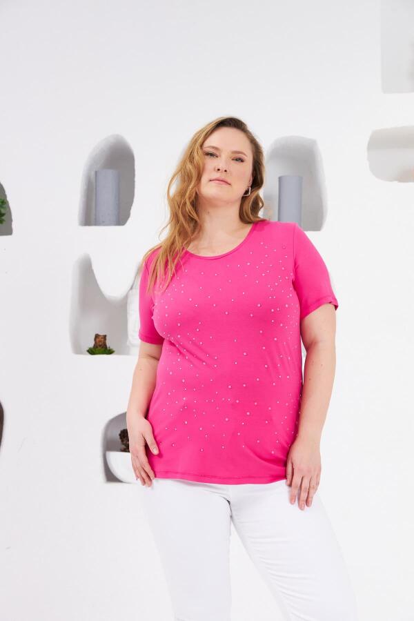 Taş İşlemeli Bisiklet Yaka Büyük Beden Tişört Fuşya - 1