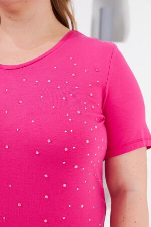Taş İşlemeli Bisiklet Yaka Büyük Beden Tişört Fuşya - RMG (1)