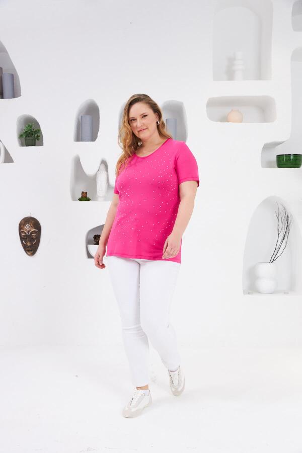 Taş İşlemeli Bisiklet Yaka Büyük Beden Tişört Fuşya - 4