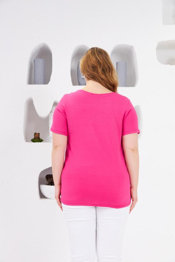 Taş İşlemeli Bisiklet Yaka Büyük Beden Tişört Fuşya - 5