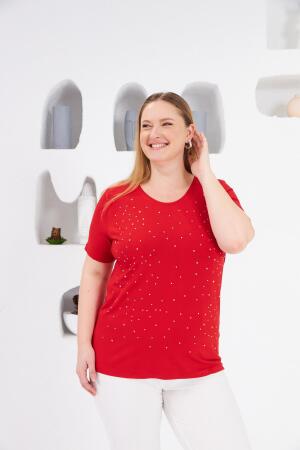 Taş İşlemeli Bisiklet Yaka Büyük Beden Tişört Kırmızı - RMG