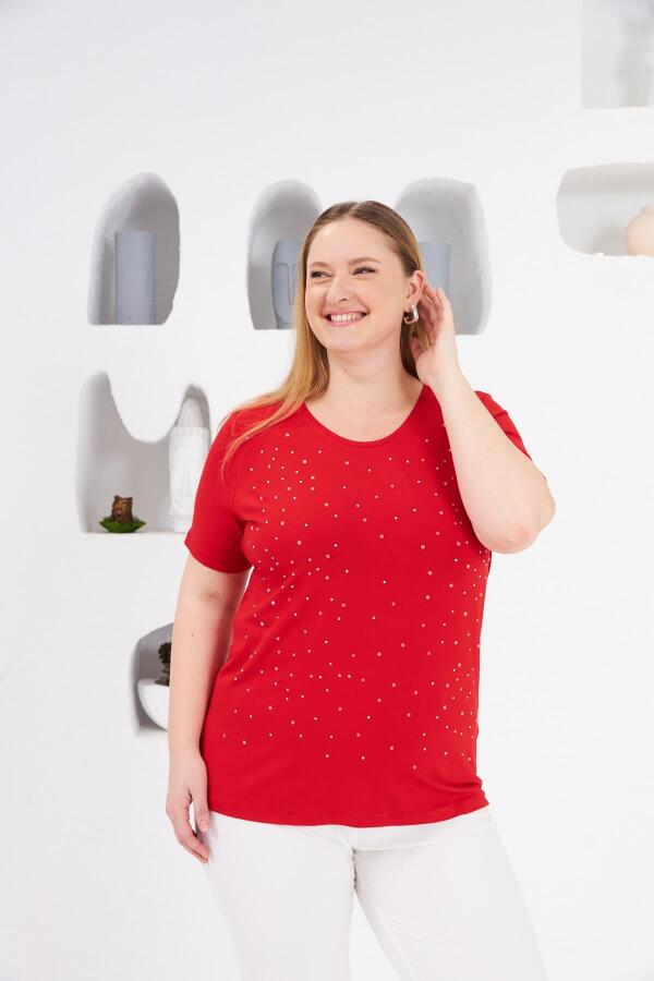 Taş İşlemeli Bisiklet Yaka Büyük Beden Tişört Kırmızı - 1