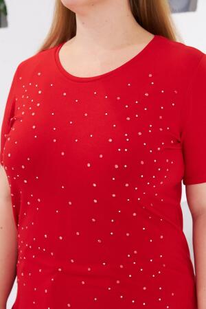 Taş İşlemeli Bisiklet Yaka Büyük Beden Tişört Kırmızı - RMG (1)