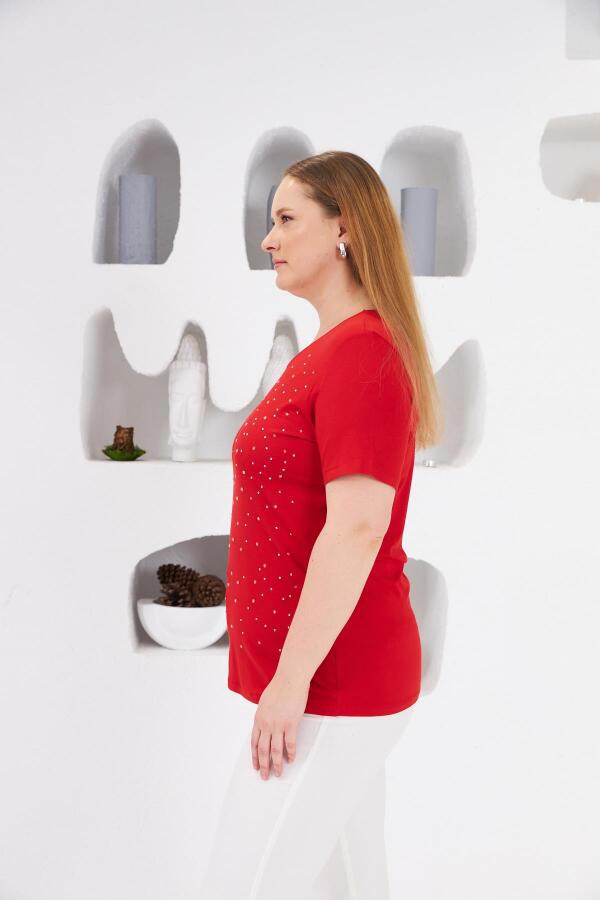 Taş İşlemeli Bisiklet Yaka Büyük Beden Tişört Kırmızı - 3