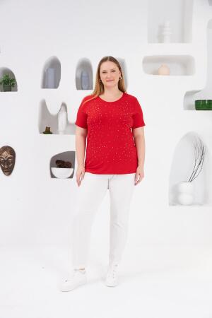 Taş İşlemeli Bisiklet Yaka Büyük Beden Tişört Kırmızı - 4