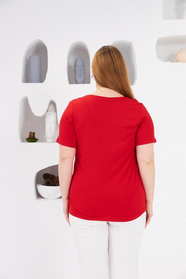 Taş İşlemeli Bisiklet Yaka Büyük Beden Tişört Kırmızı - 5