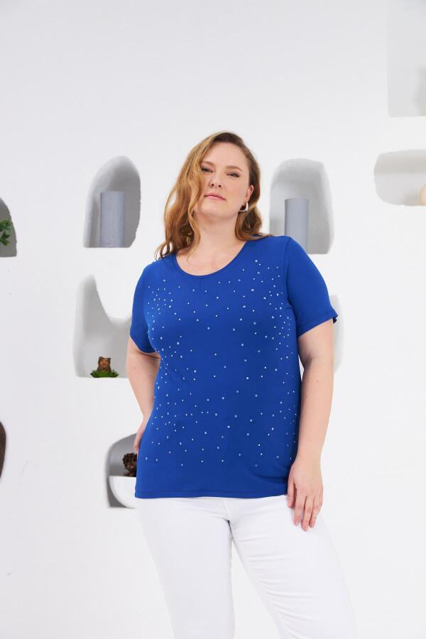 Taş İşlemeli Bisiklet Yaka Büyük Beden Tişört Saks - 1