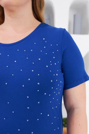 Taş İşlemeli Bisiklet Yaka Büyük Beden Tişört Saks - RMG (1)